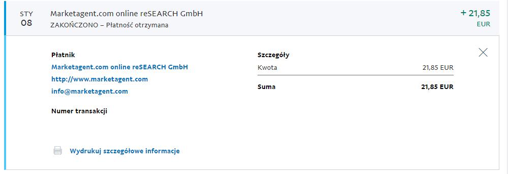 wypłata z ankiet z marketagent 21 euro